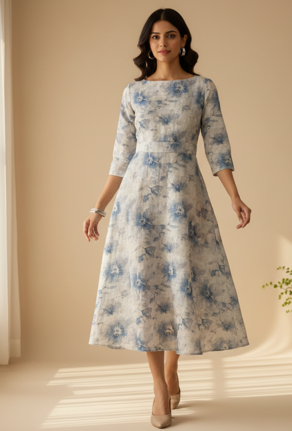 Woman wearing a floral dress against a beige background