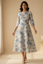 Woman wearing a floral dress against a beige background